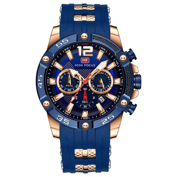 Mini Focus MF0349G Blue Gold Men's Silicone Strap Watch - Stylish and Durable