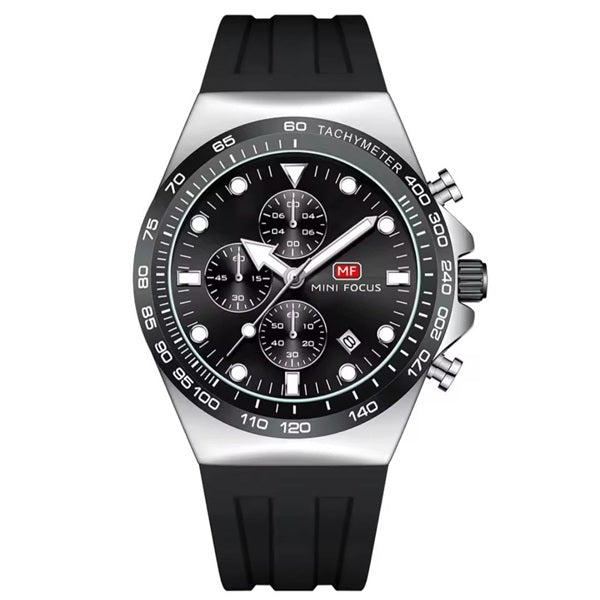 Mini Focus MF0488G Silver Black Men's Silicone Strap Watch - Stylish and Durable