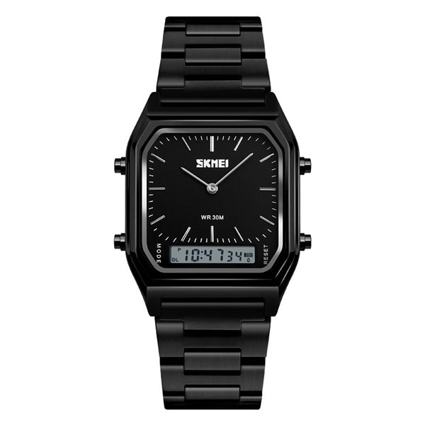 Skmei 1220 Black Stainless Steel Square Analog-Digital Watch - Classic and Versatile