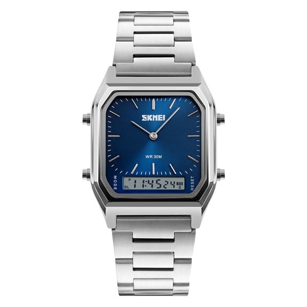 Skmei 1220 Silver Blue Stainless Steel Square Analog-Digital Watch - Elegant and Functional