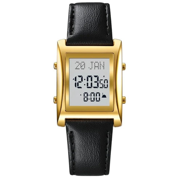 Digital watch with black leather strap and gold casing on a white background