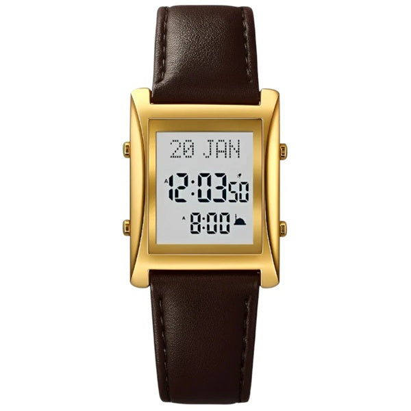 Digital watch with gold case and brown leather strap on a white background