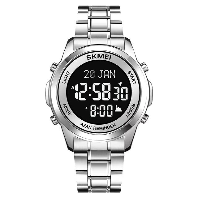 Skmei 2097 Silver Black Muslim Azan Prayer Watch with Qibla Direction