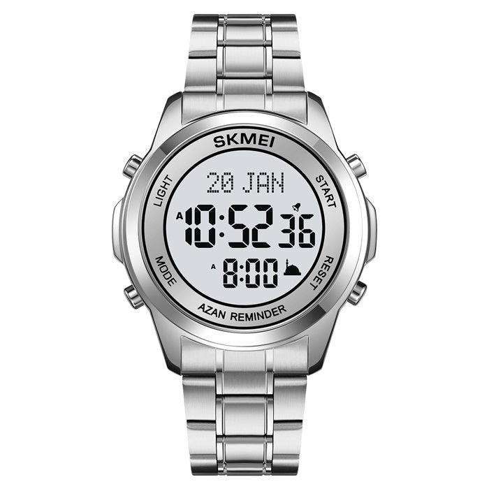 Skmei 2097 Silver White Muslim Azan Prayer Watch with Qibla Direction