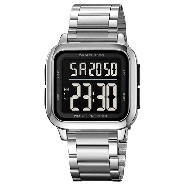 Skmei 2133 Silver Black Digital Stainless Steel Watch for Men - Waterproof Multifunctional